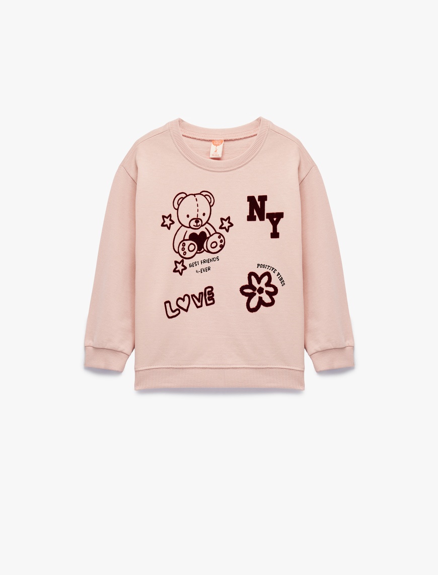 Koton Kız Bebek Ayıcık Baskılı Uzun Kollu Bisiklet Yaka Pamuklu Şardonlu Sweatshirt