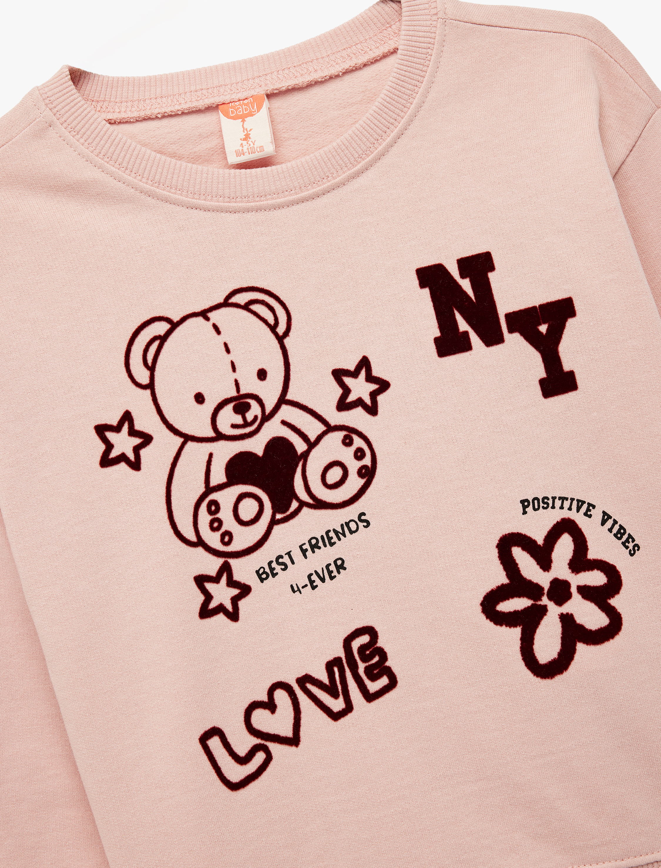 Kız Bebek Ayıcık Baskılı Uzun Kollu Bisiklet Yaka Pamuklu Sweatshirt