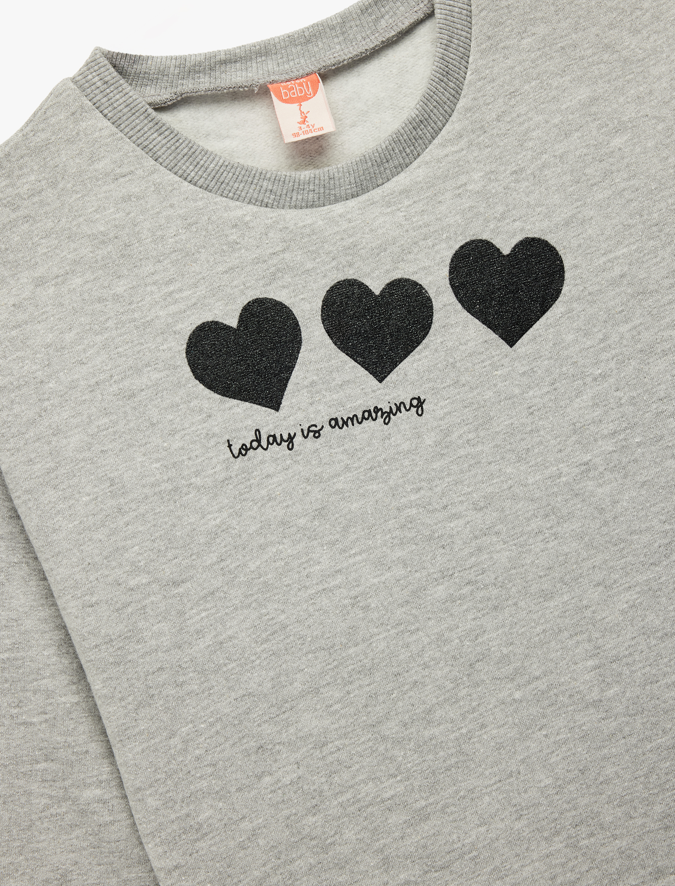  Kız Bebek Kalp Baskılı Uzun Kollu Bisiklet Yaka Pamuklu Sweatshirt