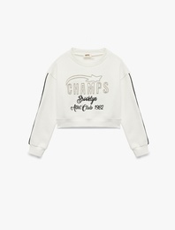 Uzun Kollu Bisiklet Yaka Aplike Detaylı Pamuklu Sweatshirt