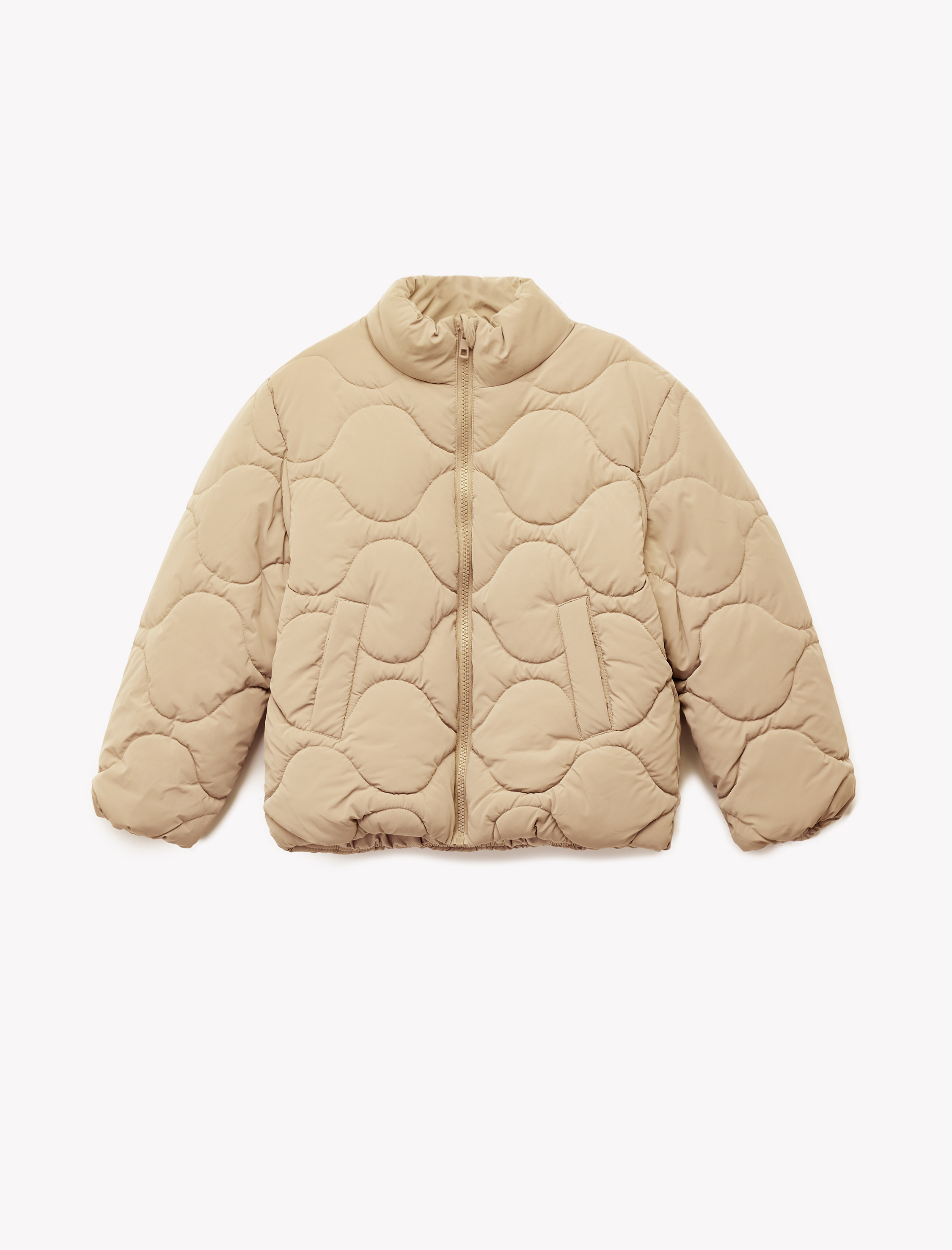  Kız Çocuk Dik Yaka Fermuarlı Uzun Kollu Cepli Kapitone Mont