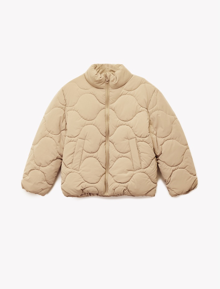 Kız Çocuk Dik Yaka Fermuarlı Uzun Kollu Cepli Kapitone Ceket