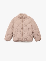 Dik Yaka Fermuarlı Uzun Kollu Cepli Kapitone Ceket