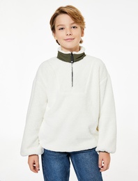 Dik Yaka Uzun Kollu Yarım Fermuarlı Peluş Sweatshirt