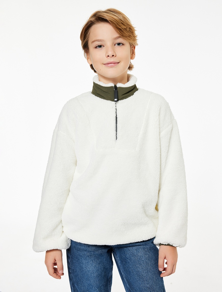 Koton Dik Yaka Uzun Kollu Yarım Fermuarlı Peluş Sweatshirt