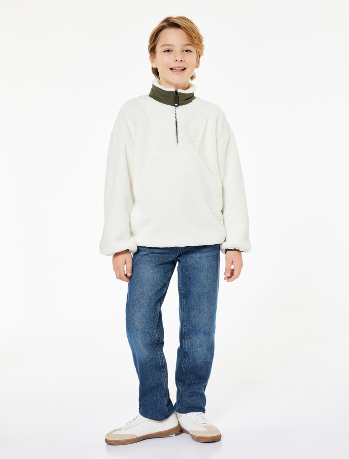 Erkek Çocuk Dik Yaka Uzun Kollu Yarım Fermuarlı Peluş Sweatshirt