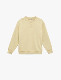 Uzun Kollu Düğme Detaylı Yuvarlak Yaka Oversize Sweatshirt