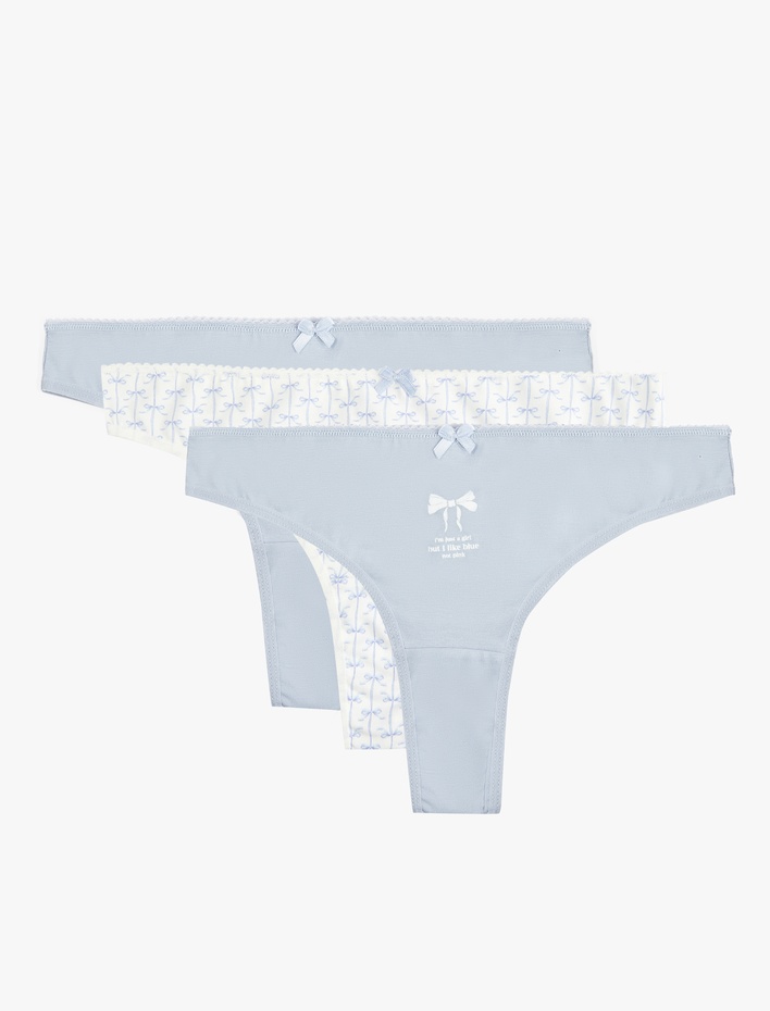  Pamuklu Rahat Kalıp Baskılı Kurdele Detaylı 3'lü Brazilian Külot Seti