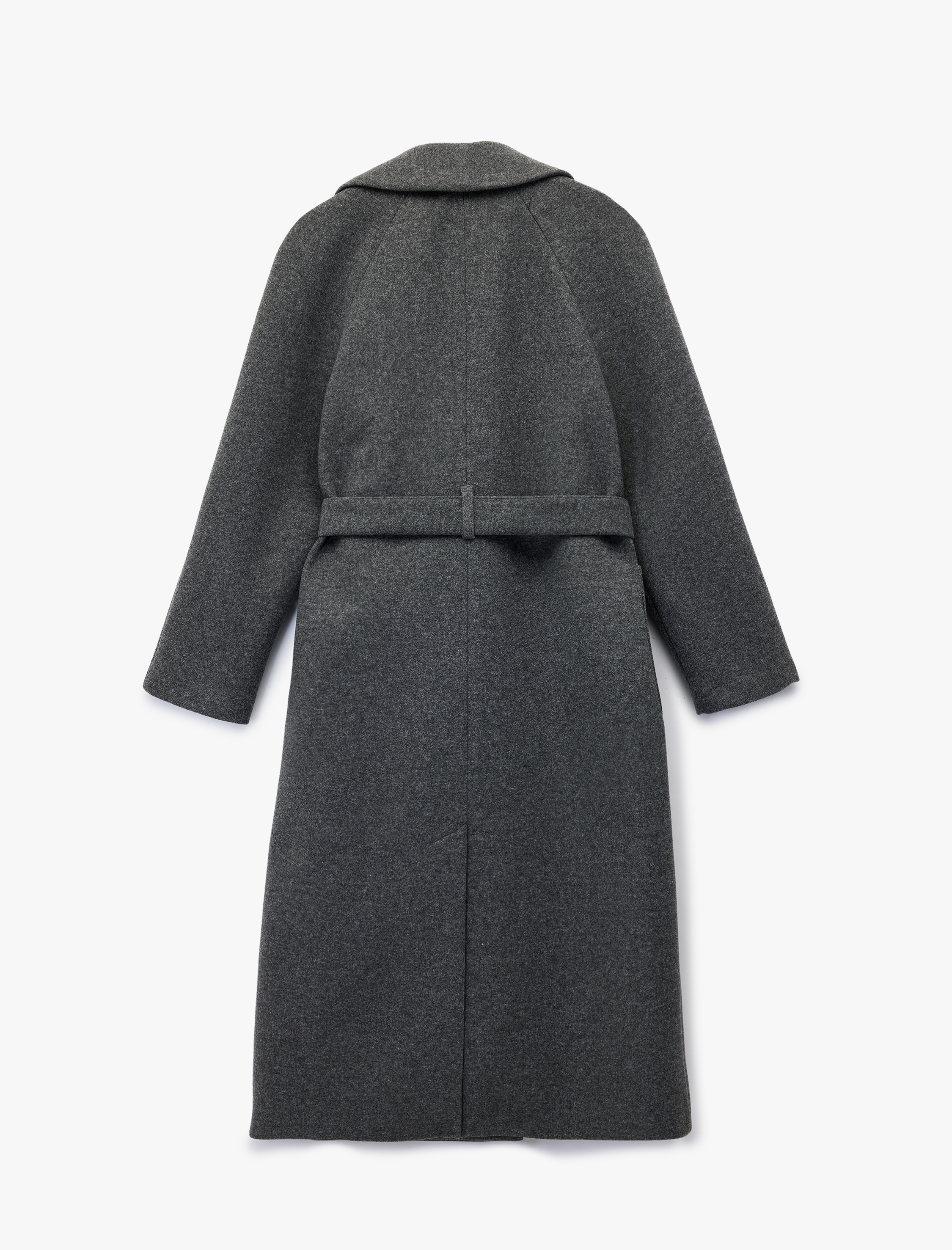   Uzun Kollu Cepli Düğmeli Kruvaze Kemerli Uzun Kaşe Kaban