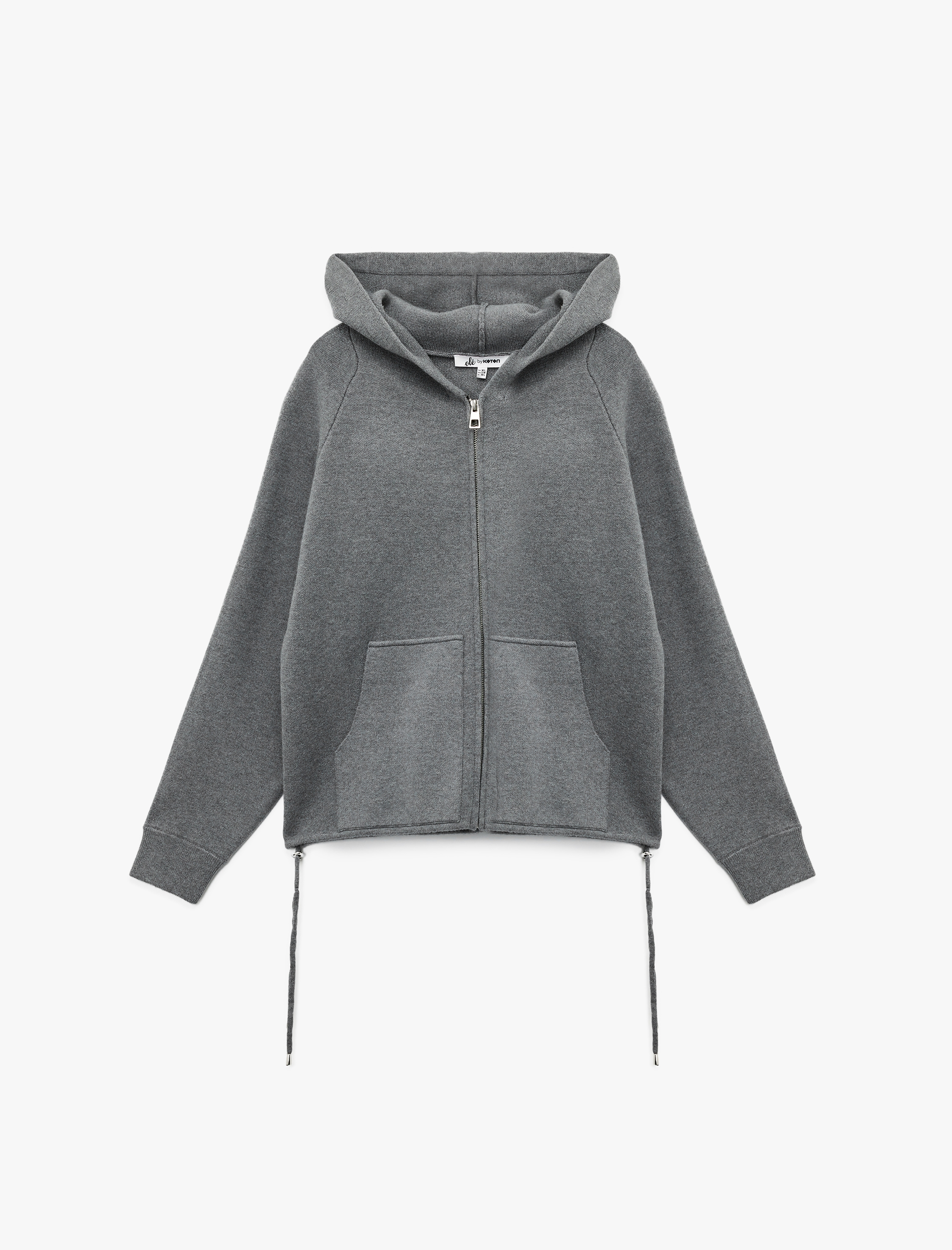   Oversize Uzun Kollu Cep Detaylı Kapüşonlu Fermuarlı Triko Hırka