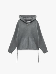 Oversize Uzun Kollu Cep Detaylı Kapüşonlu Fermuarlı Triko Hırka