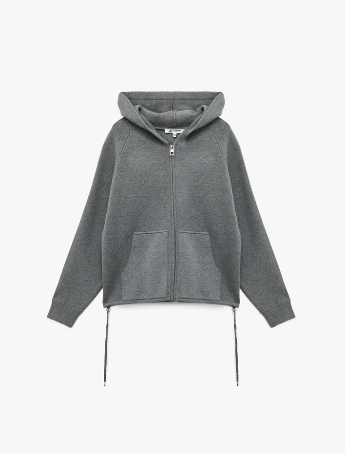  Oversize Uzun Kollu Cep Detaylı Kapüşonlu Fermuarlı Triko Hırka