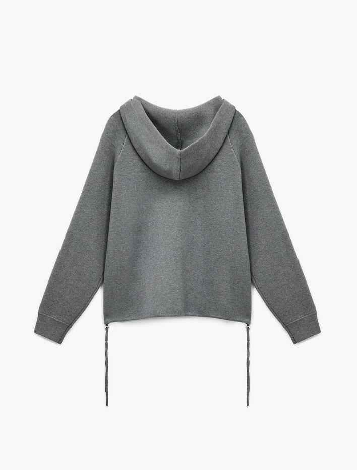  Oversize Uzun Kollu Cep Detaylı Kapüşonlu Fermuarlı Triko Hırka