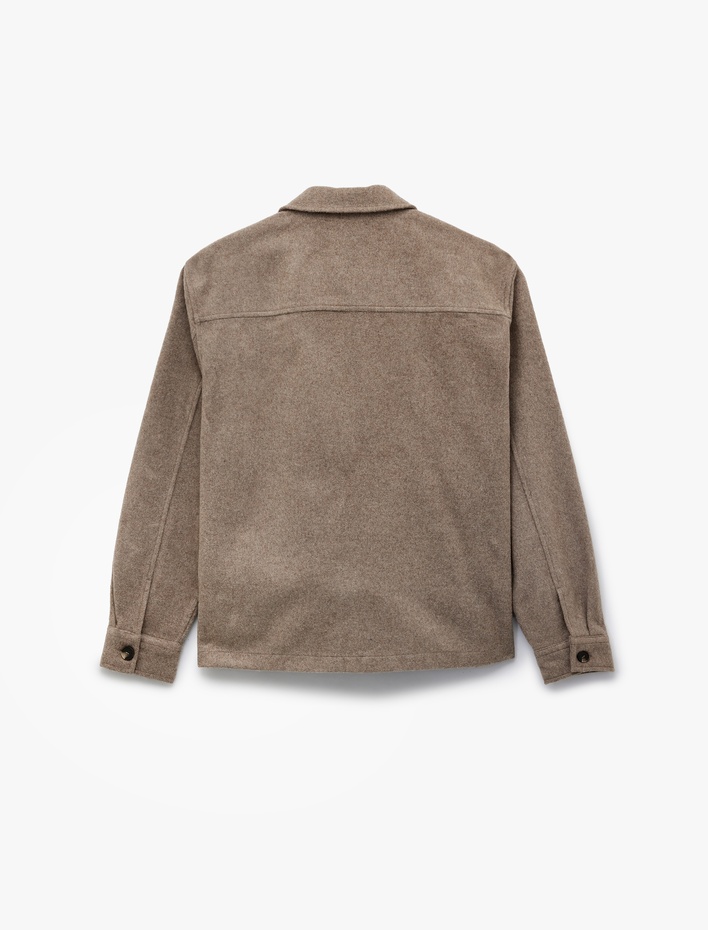  Cep Detaylı Uzun Kollu Gömlek Yaka Düğmeli Slim Fit Kaşe Ceket