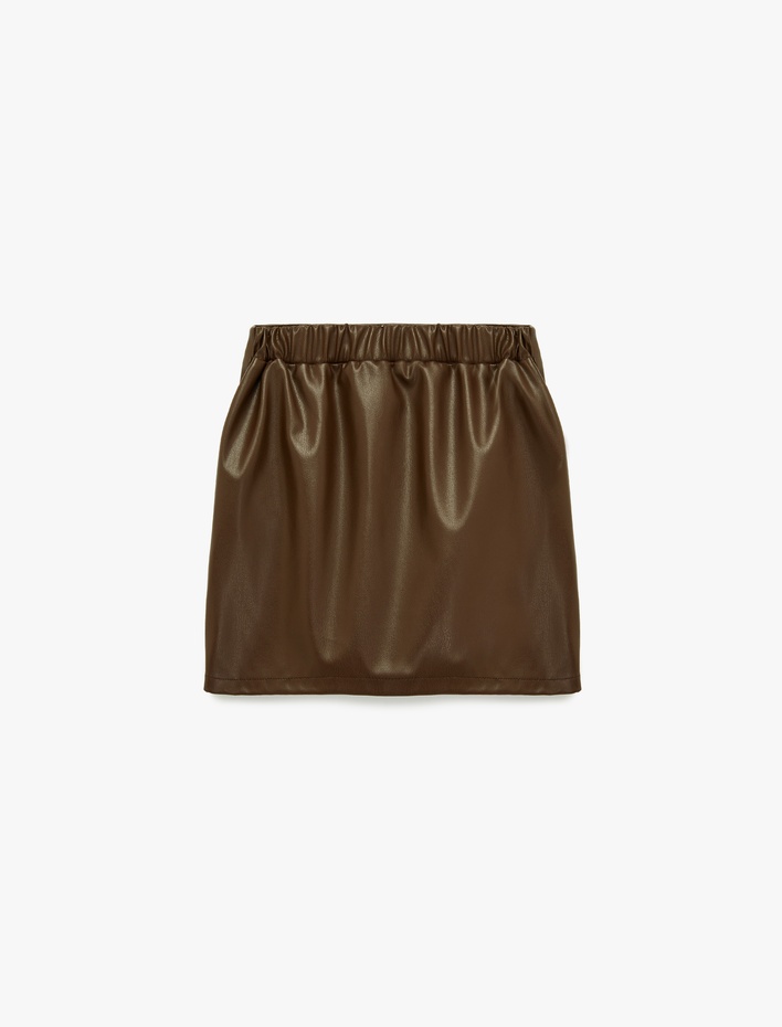 Kız Çocuk Beli Lastikli Diz Üstü Deri Görünümlü Etek