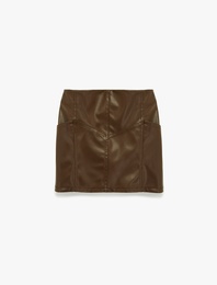 Beli Lastikli Diz Üstü Deri Görünümlü Etek