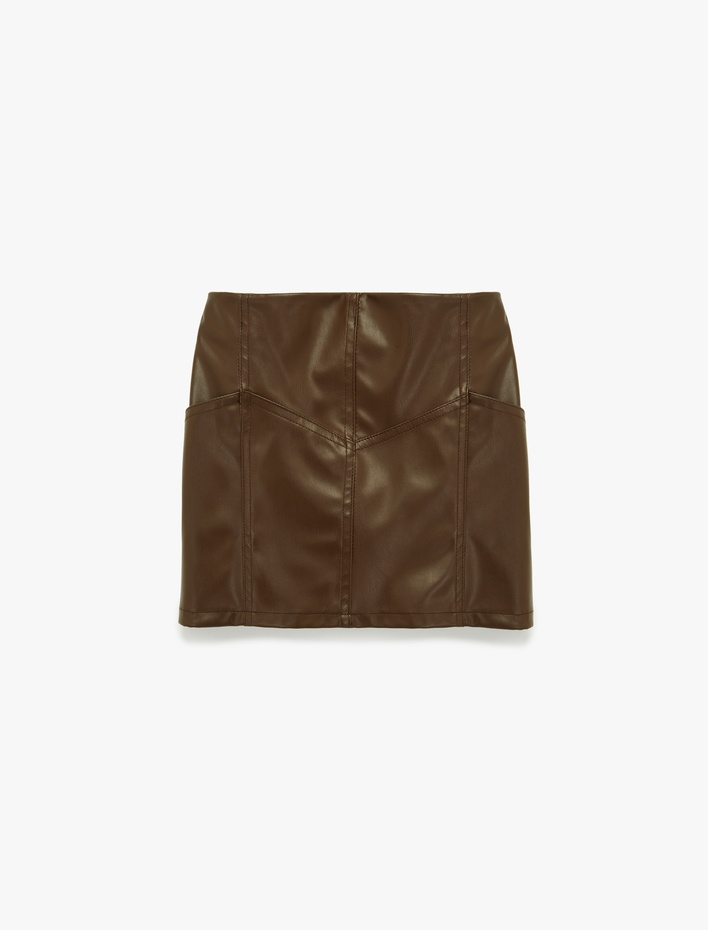 Kız Çocuk Beli Lastikli Diz Üstü Deri Görünümlü Etek