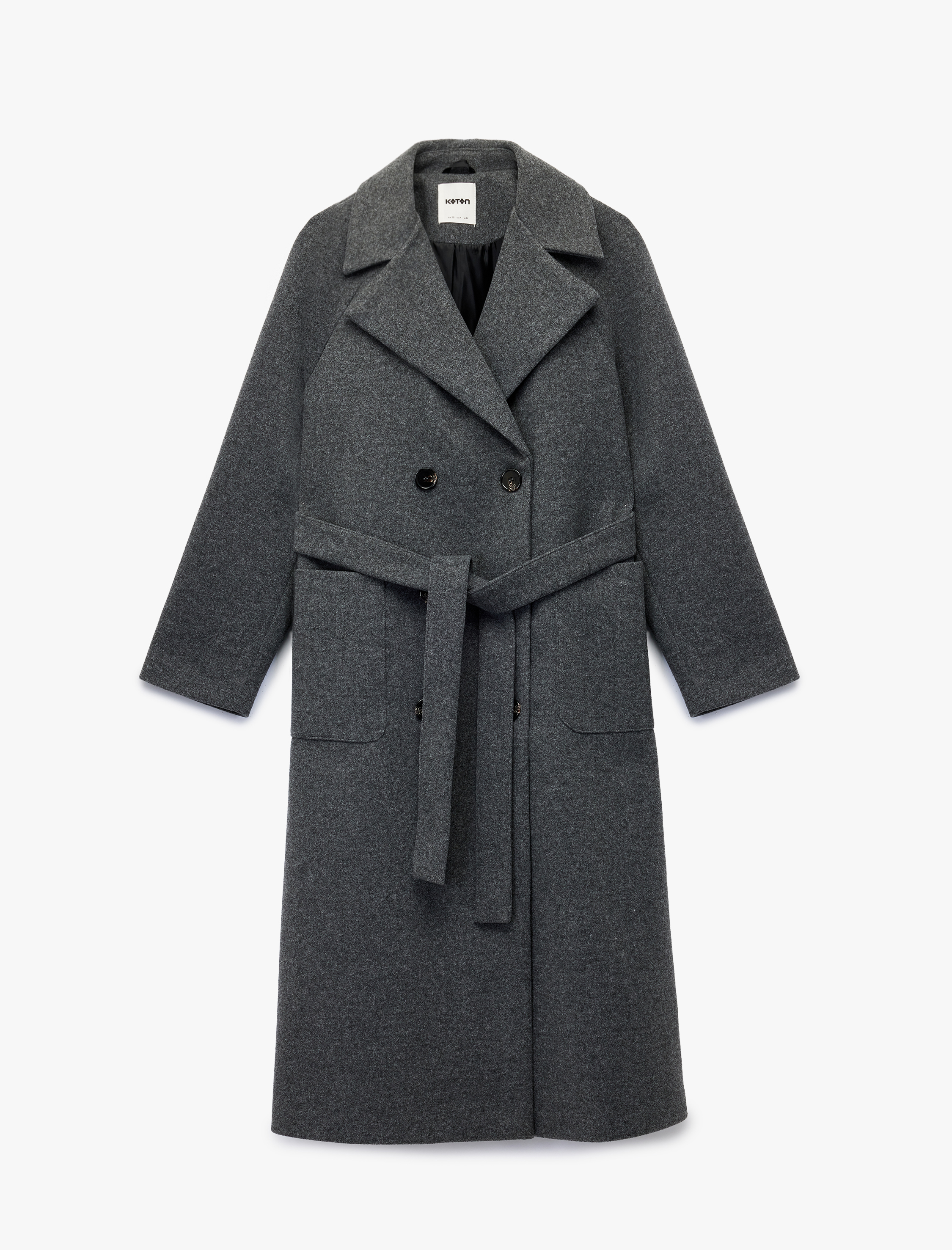   Uzun Kollu Cepli Düğmeli Kruvaze Kemerli Uzun Kaşe Kaban