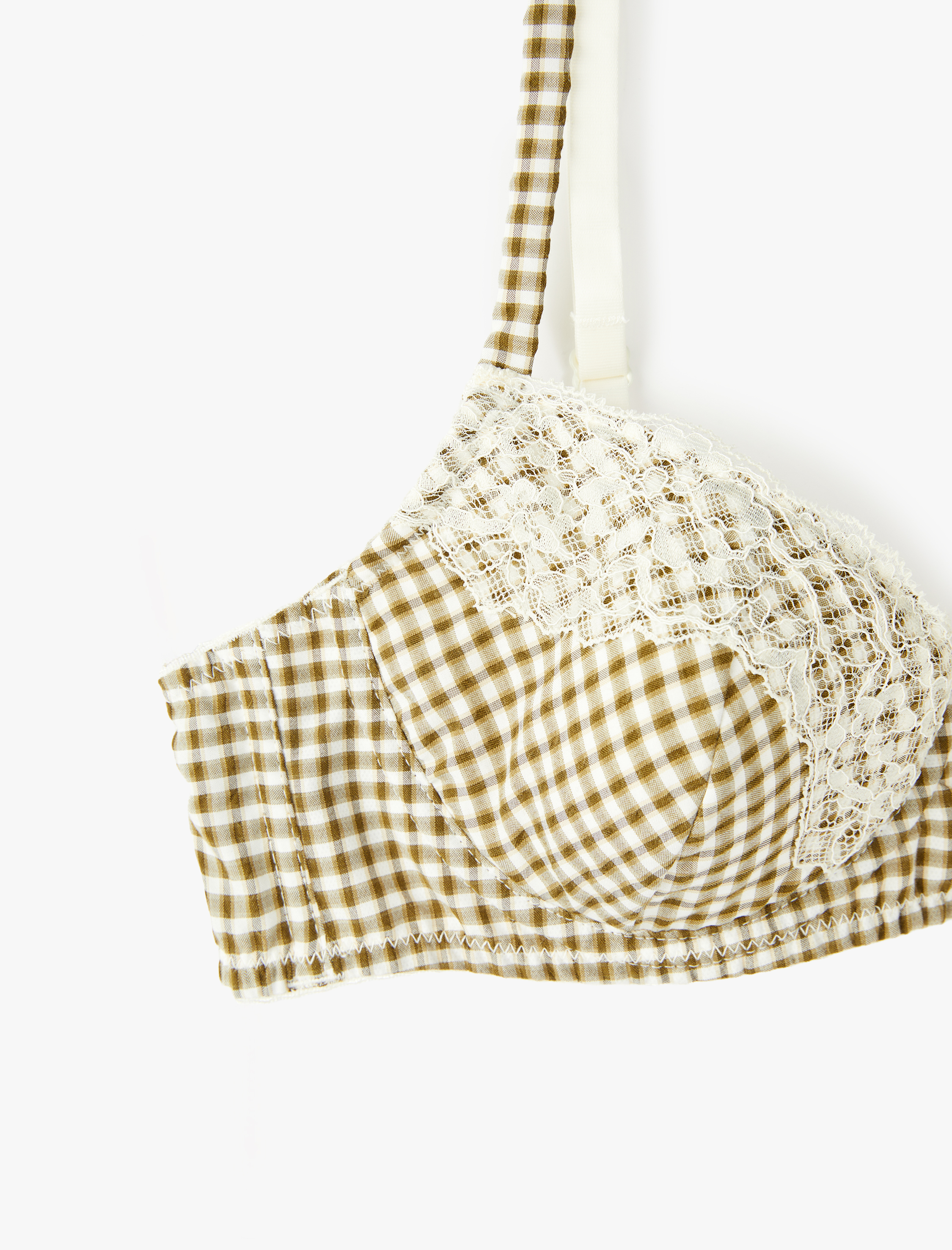   Rahat Kalıp Desteksiz Balenli Dantel Detaylı Kareli Sütyen