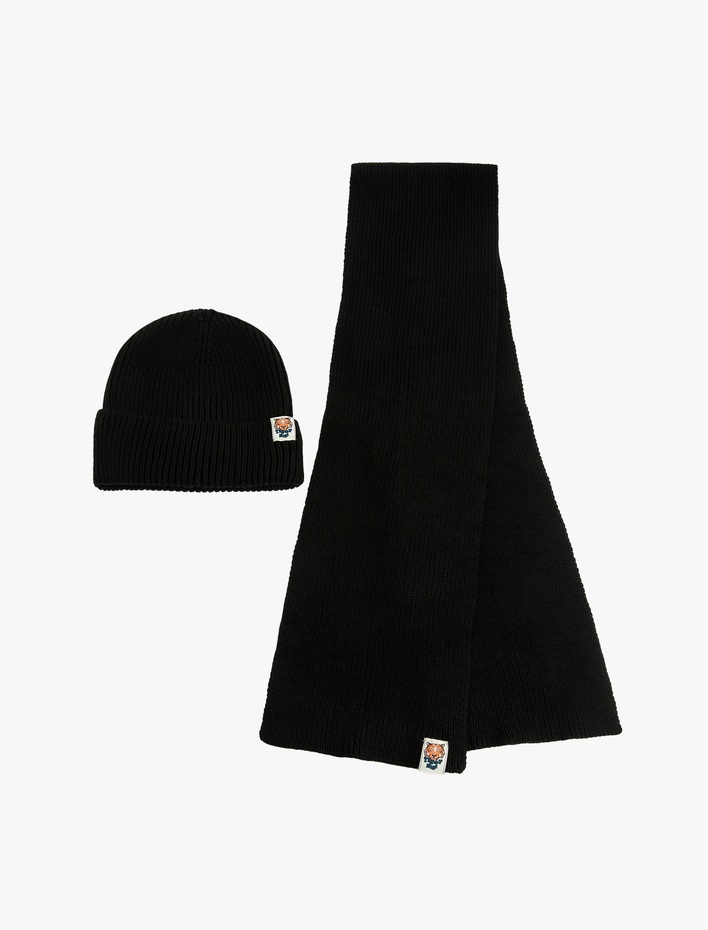 Erkek Çocuk Kaplan Detaylı Triko 2'li Atkı ve Bere Seti