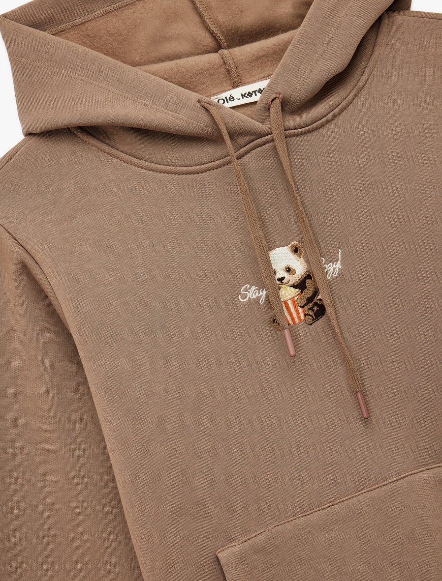   Ayıcık Nakışlı Kanguru Cepli Kapüşonlu Sweatshirt