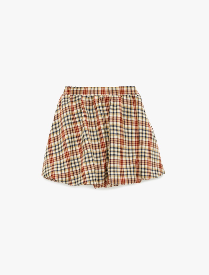 Kız Çocuk Balon Form Beli Lastikli Viskon Karışımlı Ekoseli Etek