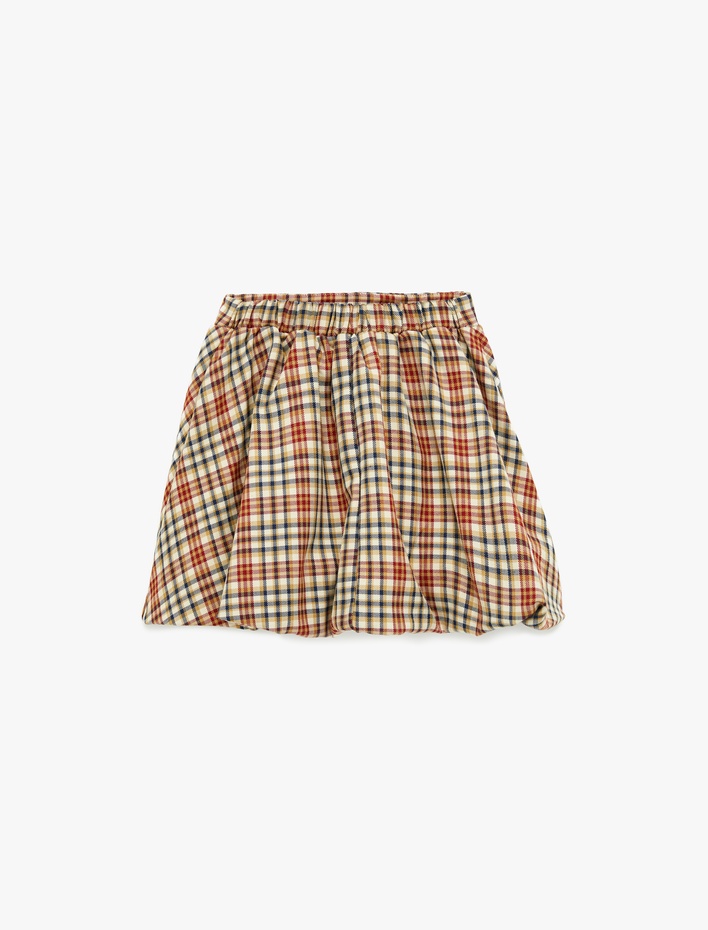 Kız Çocuk Balon Form Beli Lastikli Viskon Karışımlı Ekoseli Etek