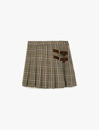 Beli Ayarlanabilir Lastikli Kemer Detaylı Pileli Ekoseli Etek