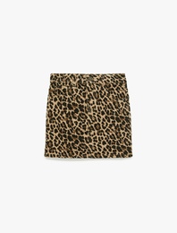 Leopar Desenli Taş Detaylı Pamuklu Denim Etek