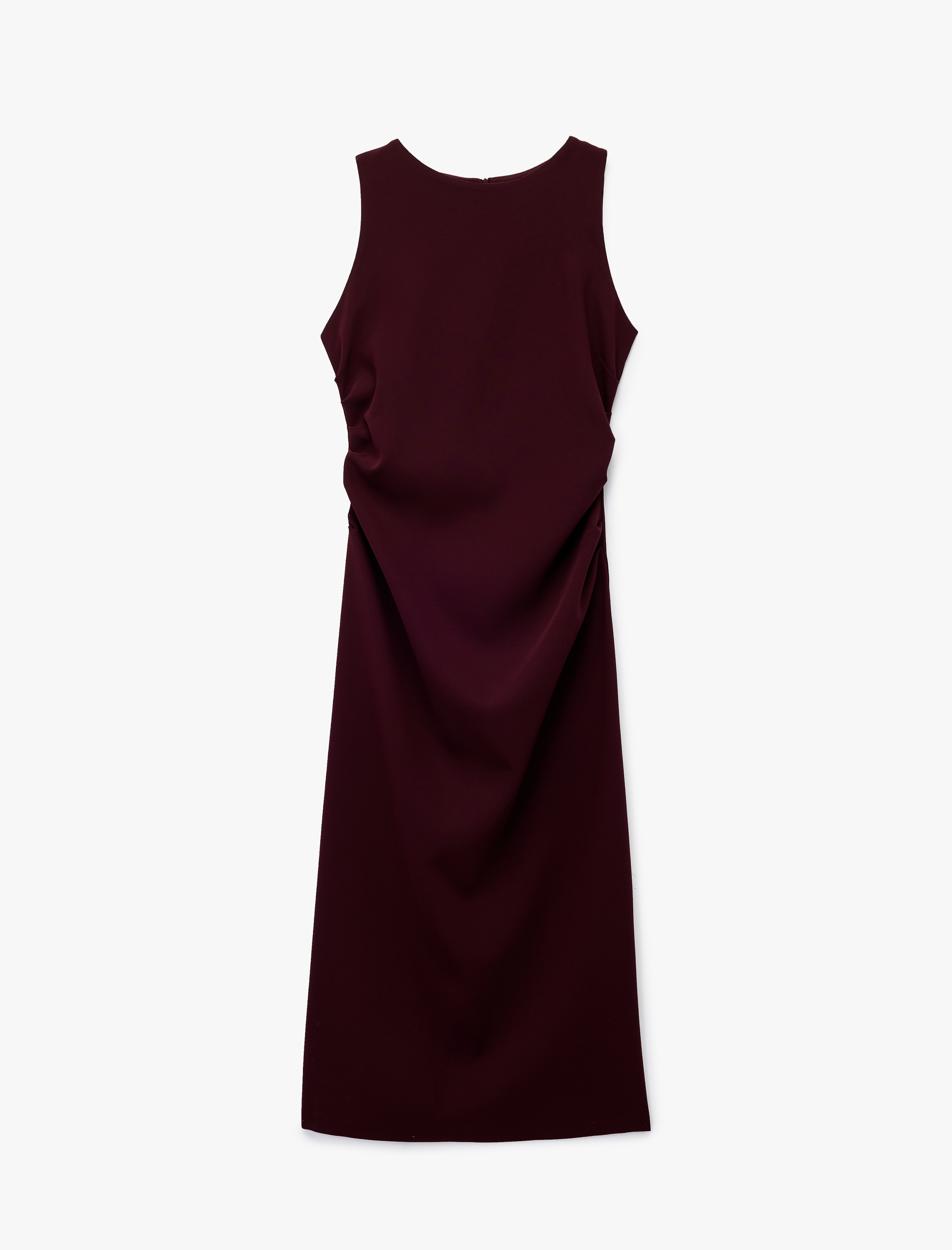   Krep Kumaş Drape Detaylı Yırtmaçlı Kolsuz Bisiklet Yaka Midi Kalem Elbise