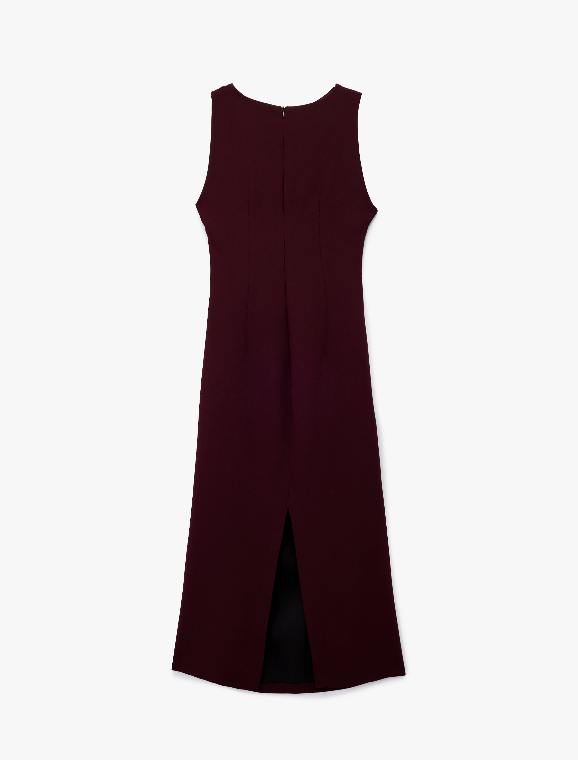   Krep Kumaş Drape Detaylı Yırtmaçlı Kolsuz Bisiklet Yaka Midi Kalem Elbise