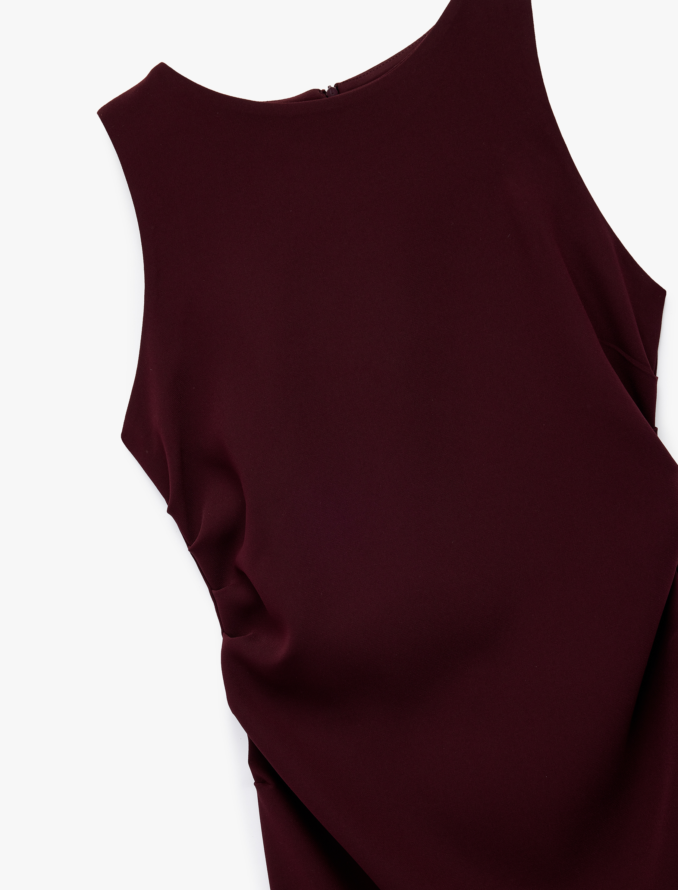   Krep Kumaş Drape Detaylı Yırtmaçlı Kolsuz Bisiklet Yaka Midi Kalem Elbise