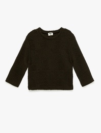 Bisiklet Yaka 3/4 Kollu Dokulu Sweatshirt