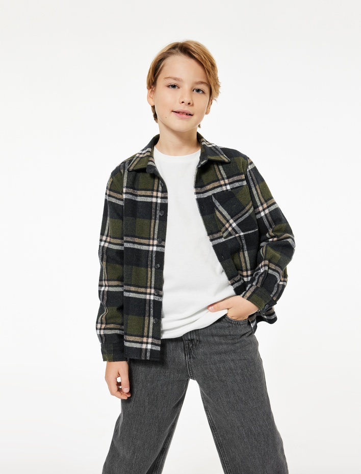 Erkek Çocuk Uzun Kollu Cep Detaylı Oduncu Gömlek