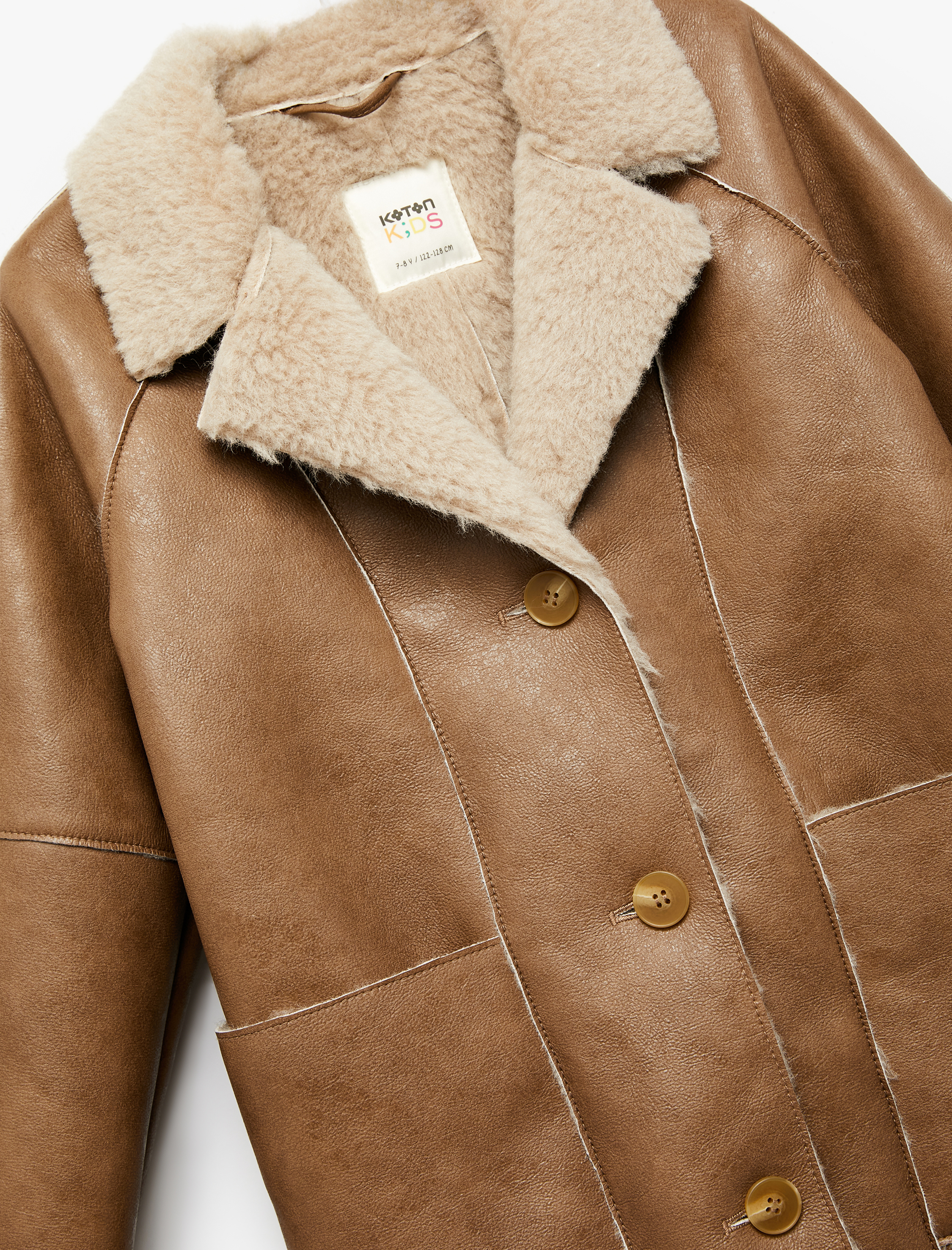  Kız Çocuk Suni Kürklü Peluş Yaka Kruvaze Uzun Suni Deri Kaban