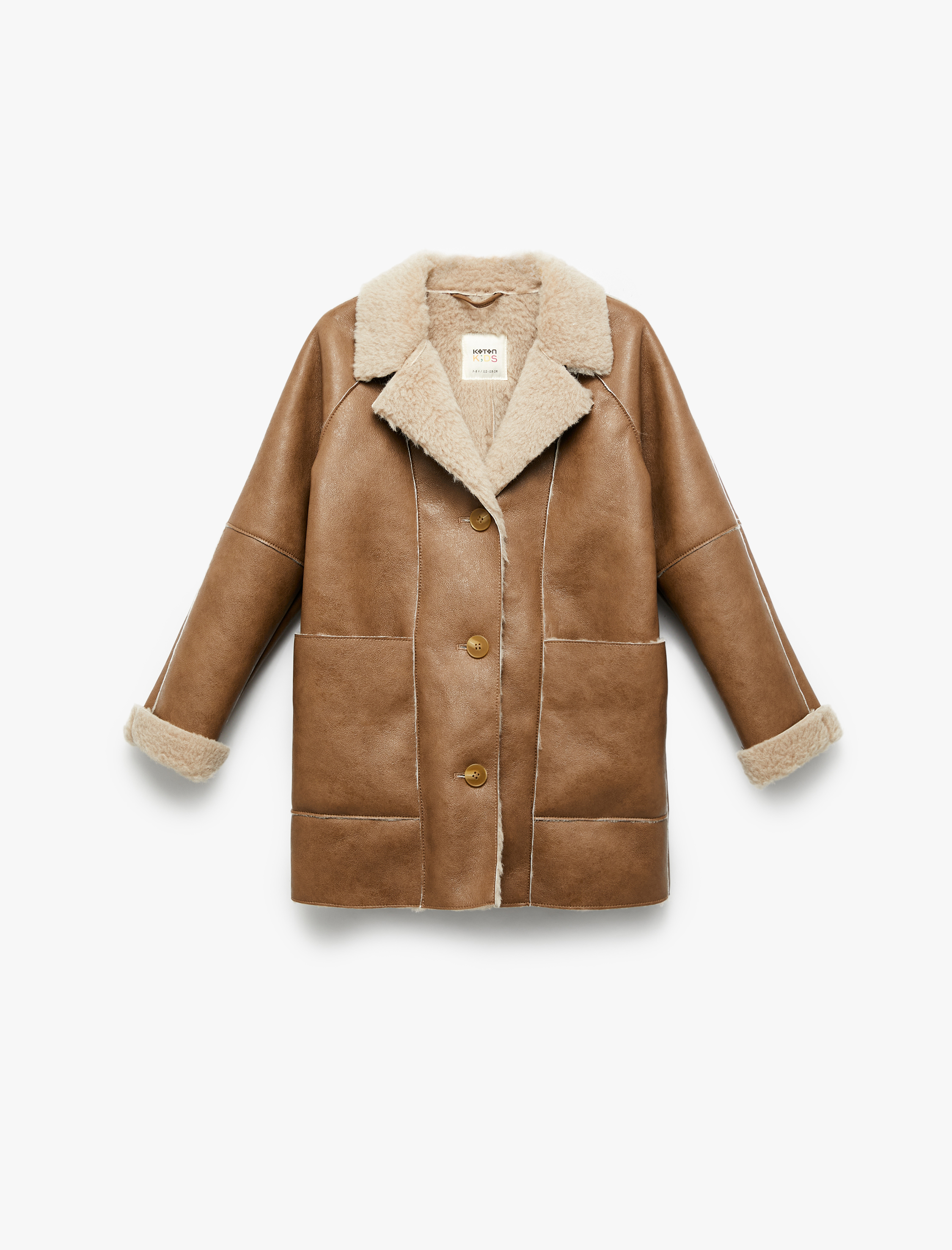  Kız Çocuk Suni Kürklü Peluş Yaka Kruvaze Uzun Suni Deri Kaban