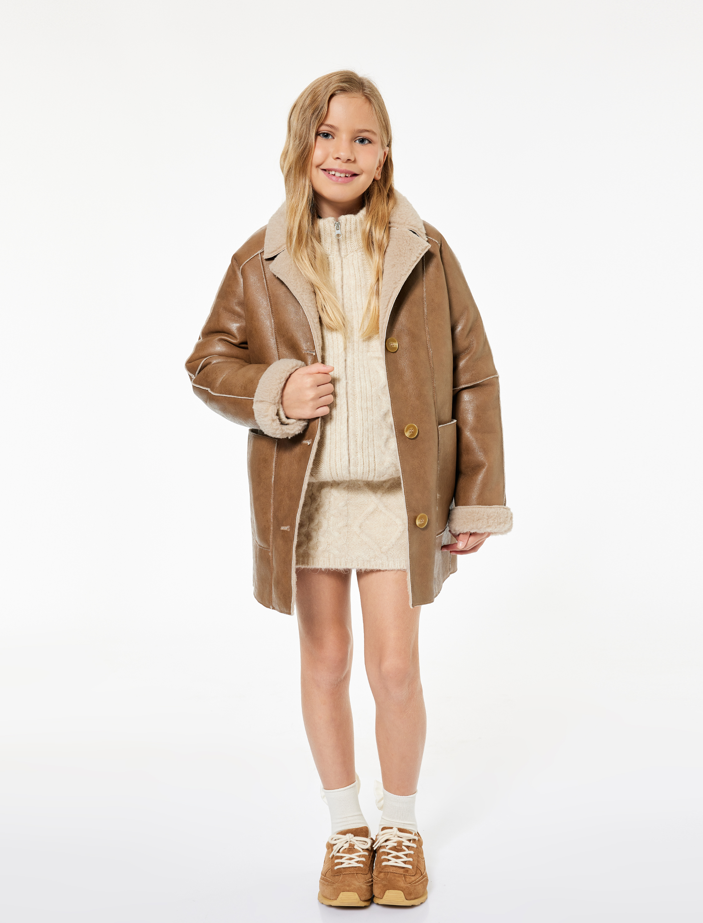  Kız Çocuk Suni Kürklü Peluş Yaka Kruvaze Uzun Suni Deri Kaban