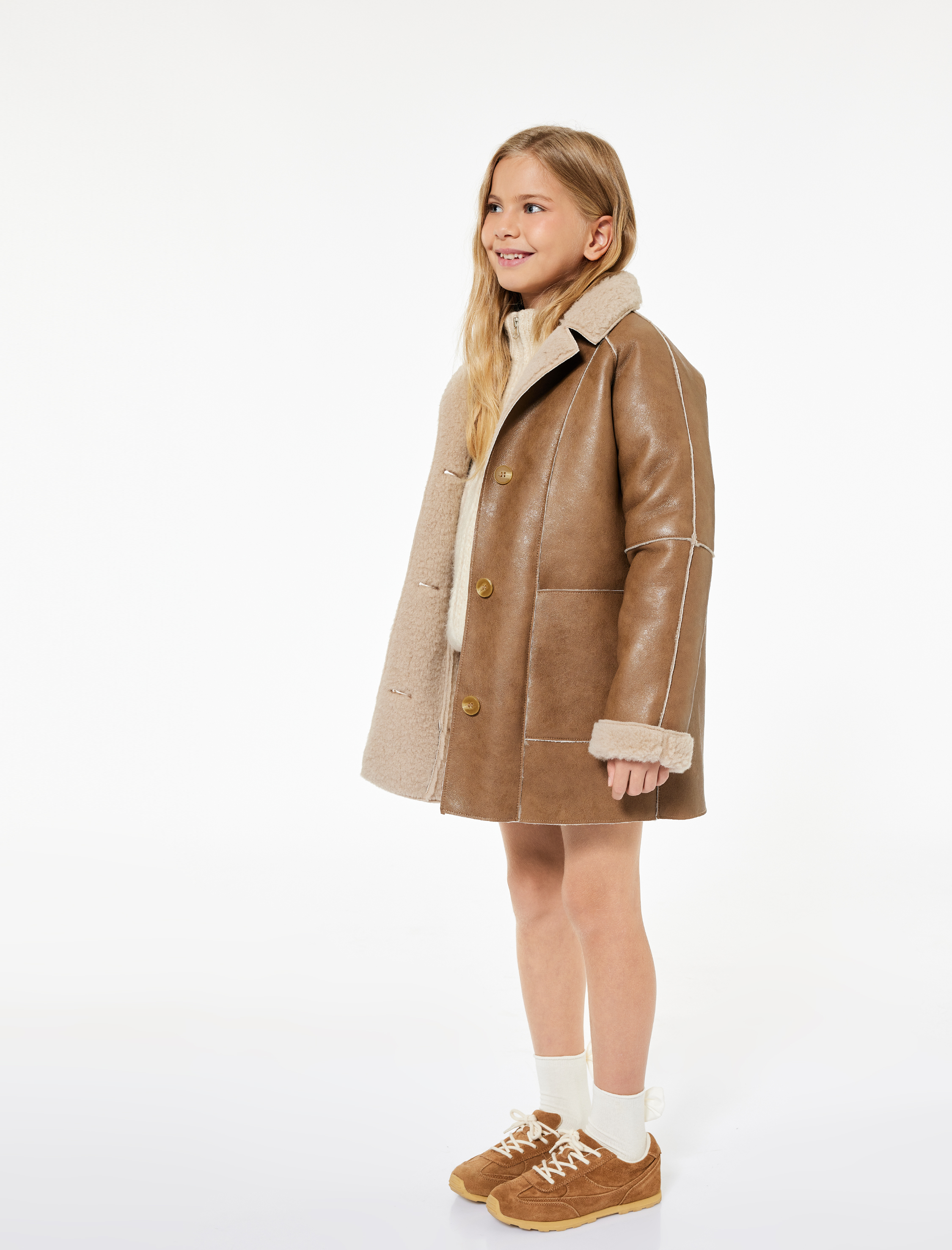  Kız Çocuk Suni Kürklü Peluş Yaka Kruvaze Uzun Suni Deri Kaban