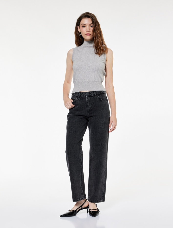  Normal Bel Düz Paça Pamuklu Taşlı Jean Pantolon - Straight Jeans