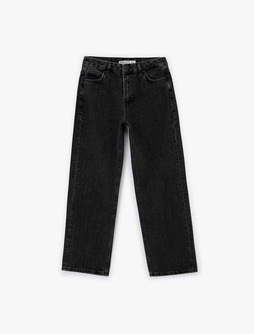   Normal Bel Düz Paça Pamuklu Taşlı Jean Pantolon - Straight Jeans