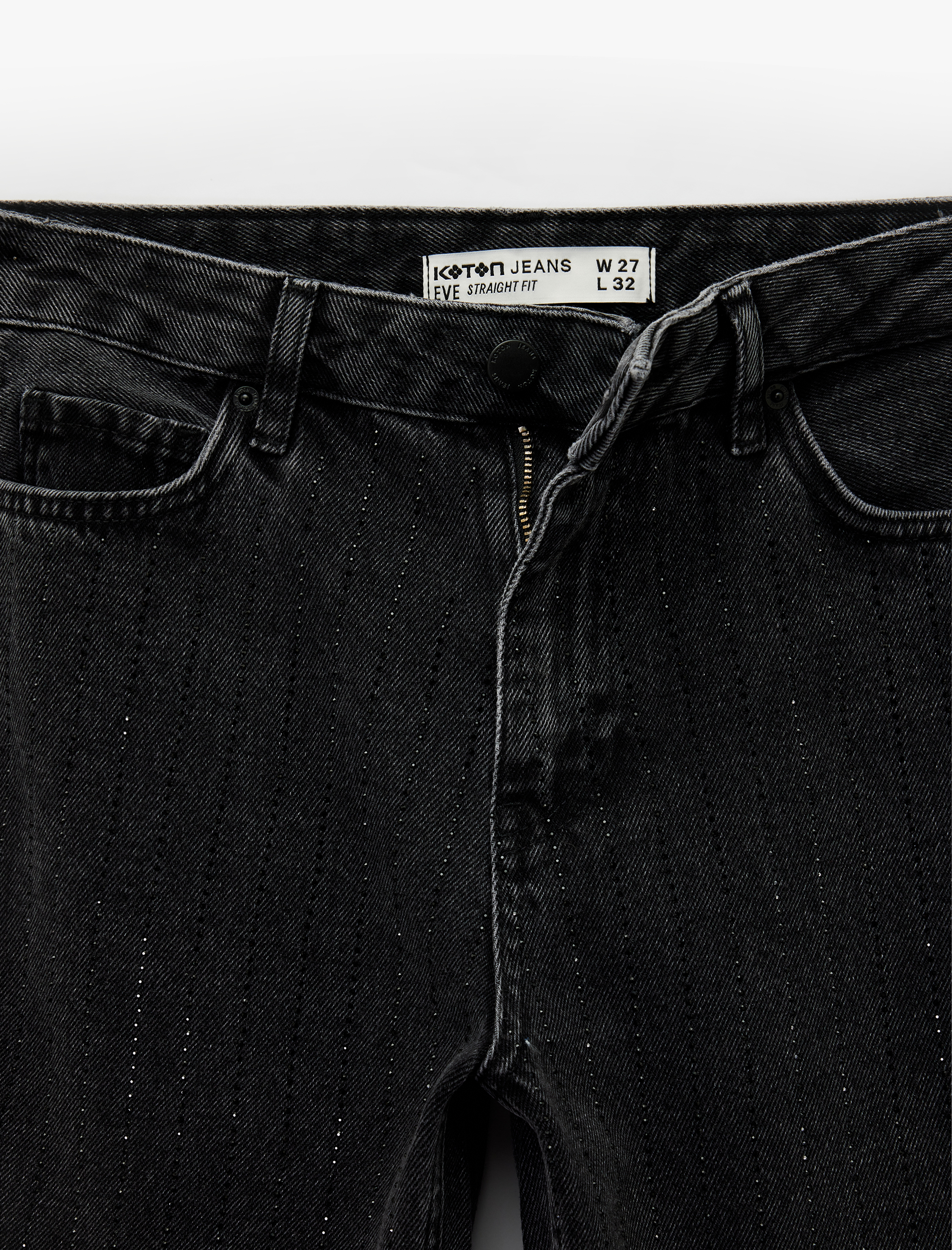   Normal Bel Düz Paça Pamuklu Taşlı Jean Pantolon - Straight Jeans