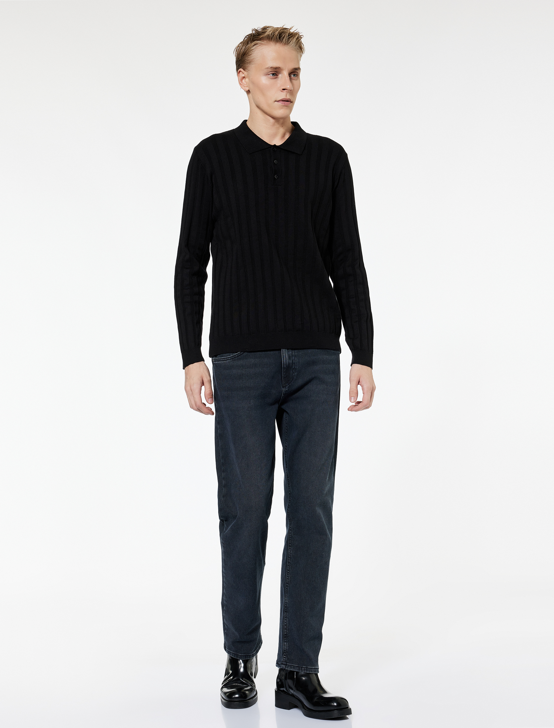   Polo Yaka Düğme Detaylı Uzun Kollu Kışlık Triko Kazak