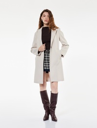 Uzun Kollu Düğmeli Cepli Kruvaze Uzun Kaşe Kaban