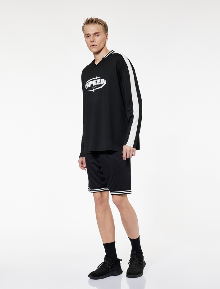  Rahat Kalıp Uzun Kollu Baskılı Polo Yaka Spor Tişört