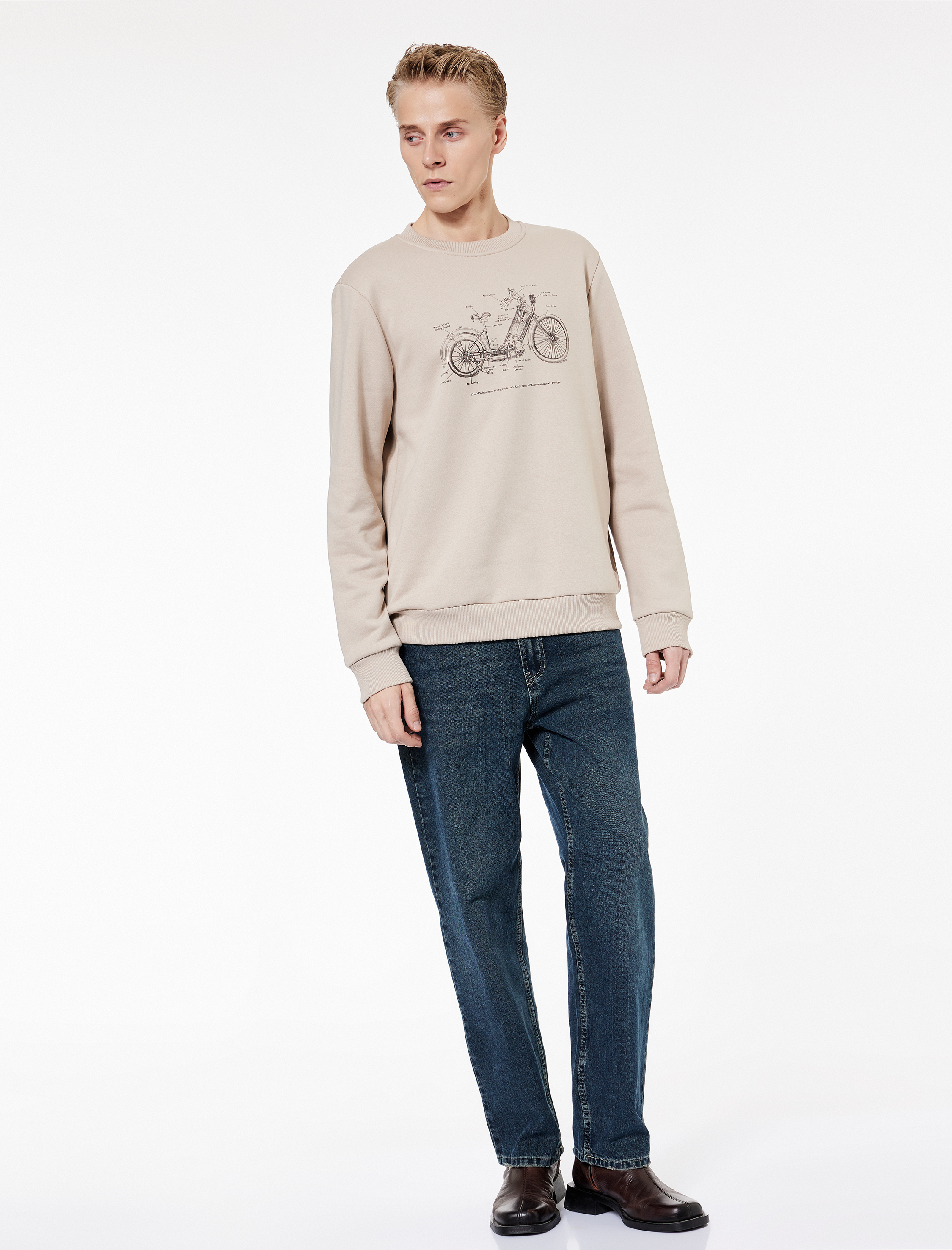 Regular Fit Uzun Kollu Şardonlu Baskılı Bisiklet Yaka Sweatshirt
