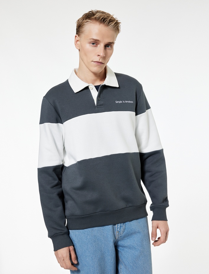  Şardonlu Uzun Kollu Renk Bloklu Nakışlı Polo Yaka Sweatshirt