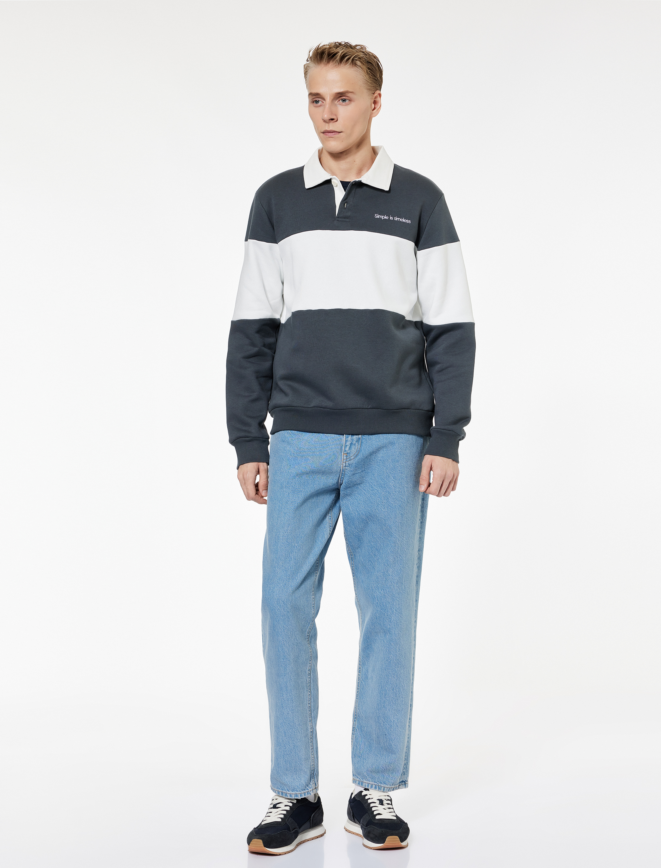 Şardonlu Uzun Kollu Renk Bloklu Nakışlı Polo Yaka Sweatshirt