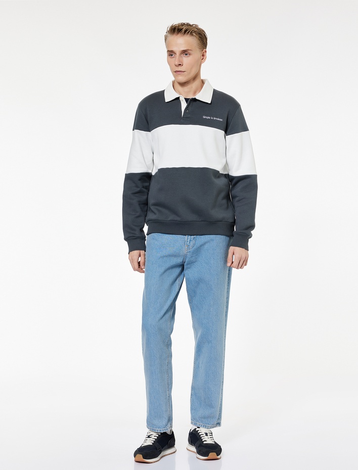  Şardonlu Uzun Kollu Renk Bloklu Nakışlı Polo Yaka Sweatshirt