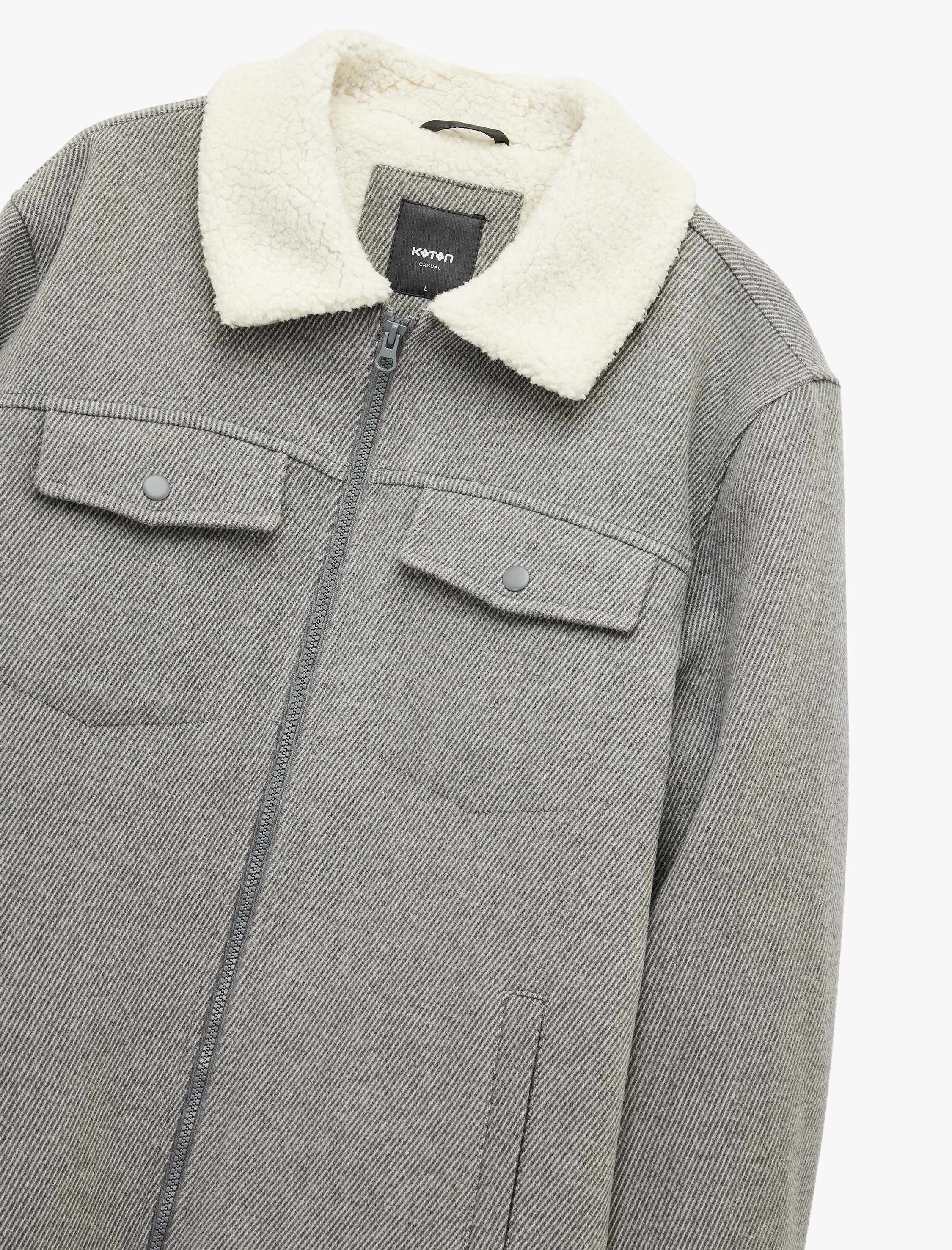 Uzun Kollu Cepli Fermuarlı İçi Peluş Astarlı Yakası Suni Kürklü Kışlık Kaşe Ceket