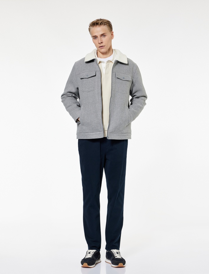  Uzun Kollu Cepli Fermuarlı İçi Peluş Astarlı Yakası Suni Kürklü Kaşe Mont